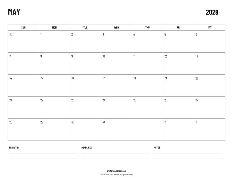 May 2028 Calendar — Plans below — US Letter · Landscape · Sunday start