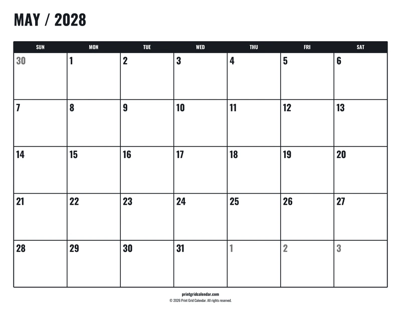 May 2028 Calendar — Tall workspace — US Letter · Landscape · Sunday start