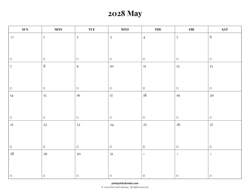 May 2028 Calendar — Editorial checklist — US Letter · Landscape · Sunday start