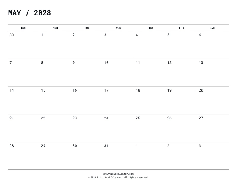 May 2028 Calendar — Quiet minimal — US Letter · Landscape · Sunday start