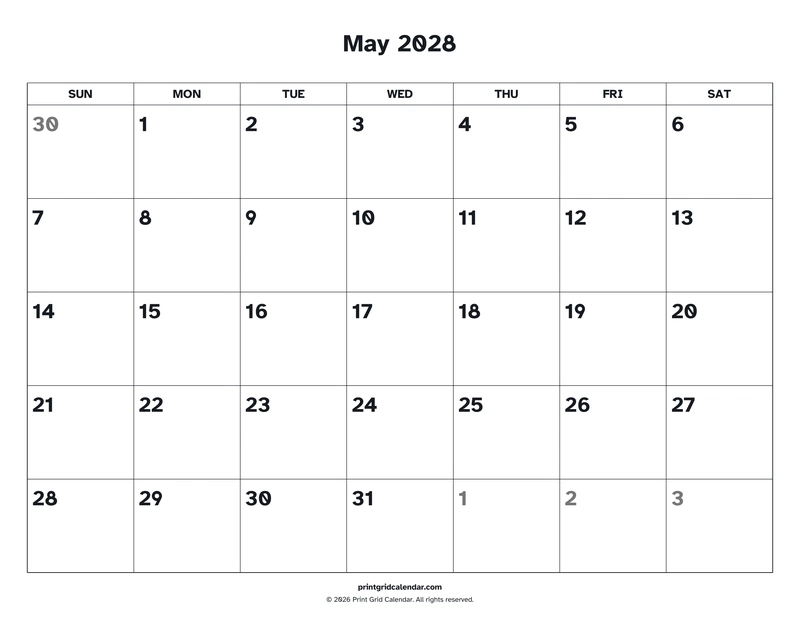 May 2028 Calendar — Easy read — US Letter · Landscape · Sunday start