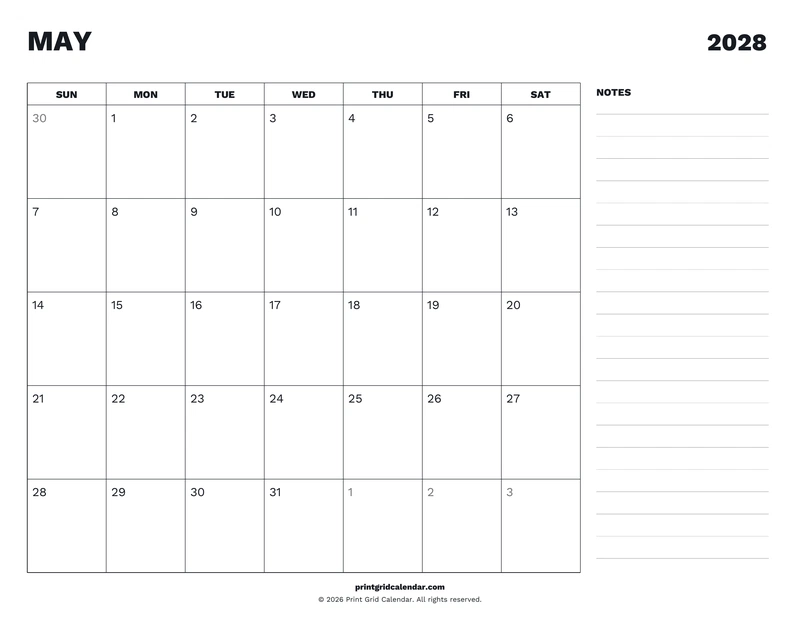 May 2028 Calendar — Desk notes — US Letter · Landscape · Sunday start