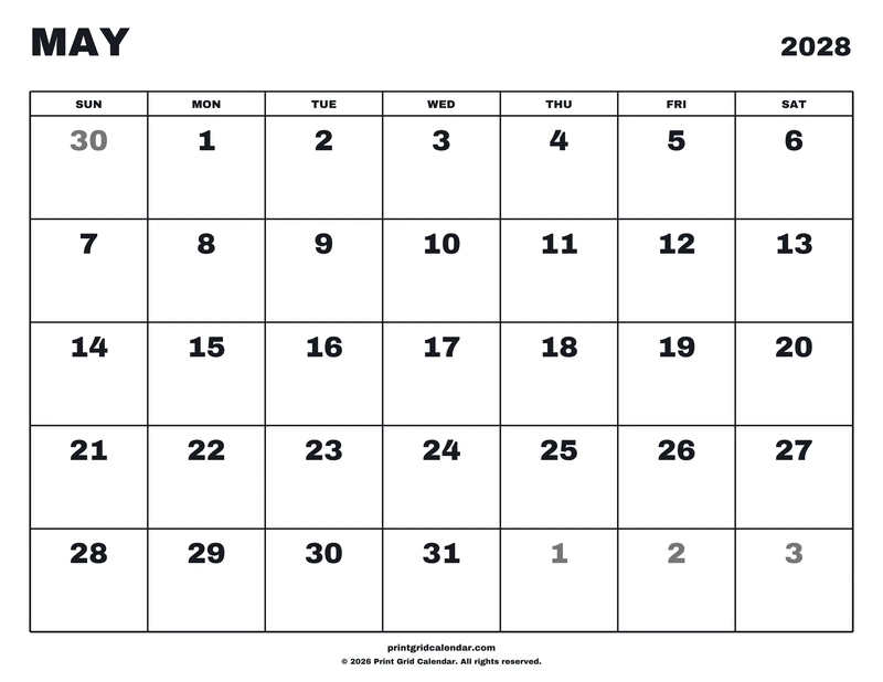 May 2028 Calendar — Big statement — US Letter · Landscape · Sunday start