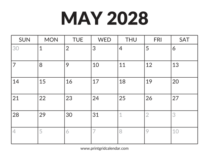 May 2028 Calendar — Bold Display — US Letter · Landscape · Sunday start