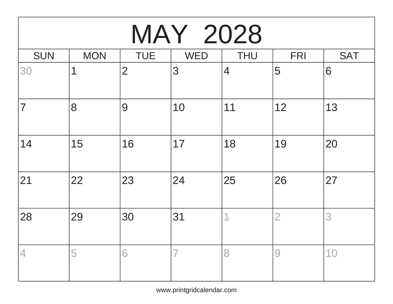 May 2028 Calendar — Classic Frame — US Letter · Landscape · Sunday start