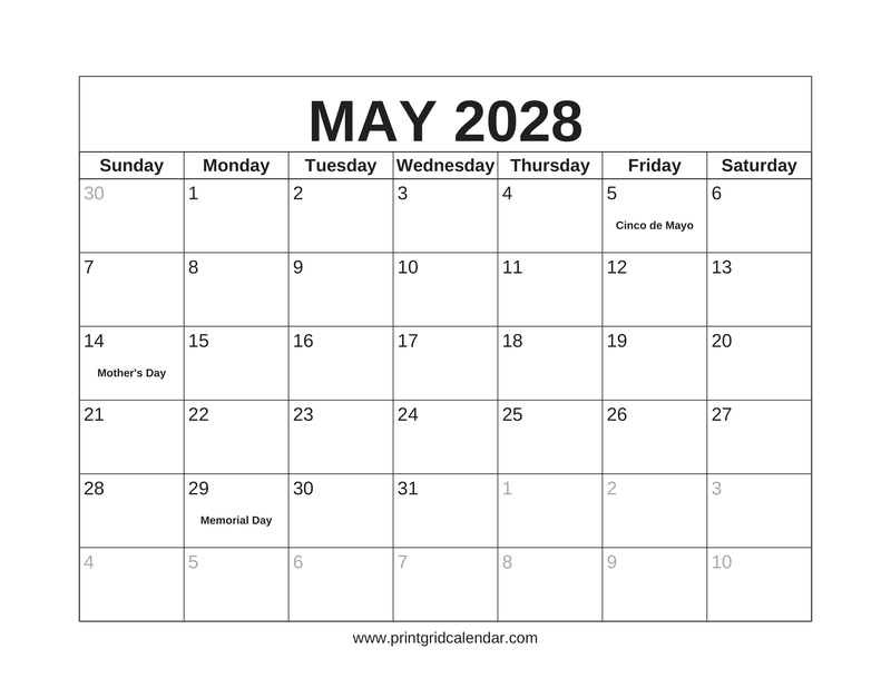 May 2028 Calendar — US Holidays & Observances — US Letter · Landscape · Sunday start