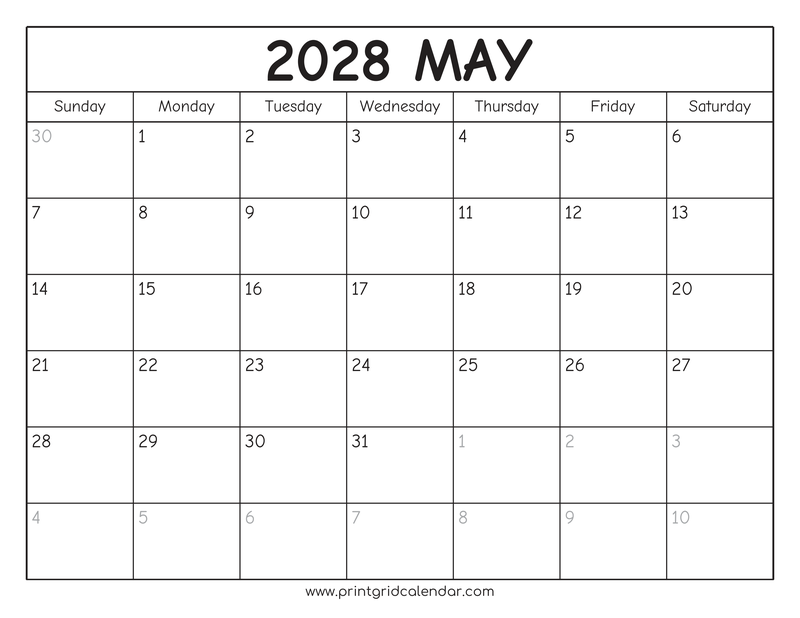 May 2028 Calendar — Rounded Outline — US Letter · Landscape · Sunday start
