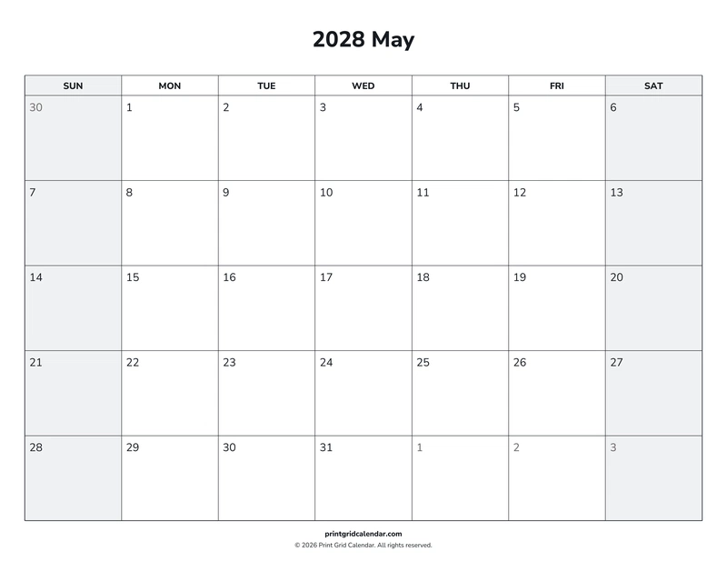 May 2028 Calendar — Weekend rhythm — US Letter · Landscape · Sunday start