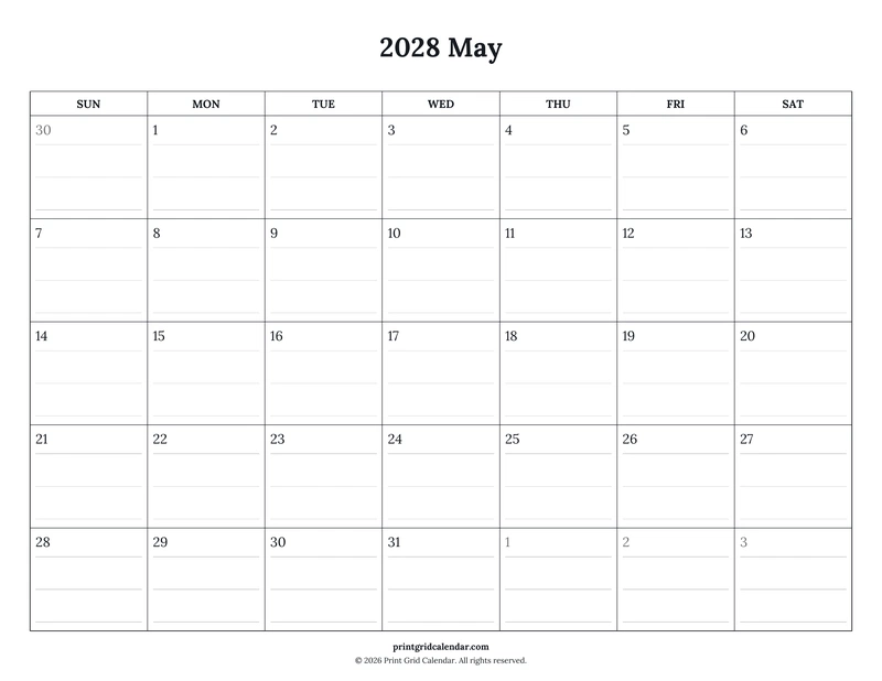 May 2028 Calendar — Ruled journal — US Letter · Landscape · Sunday start