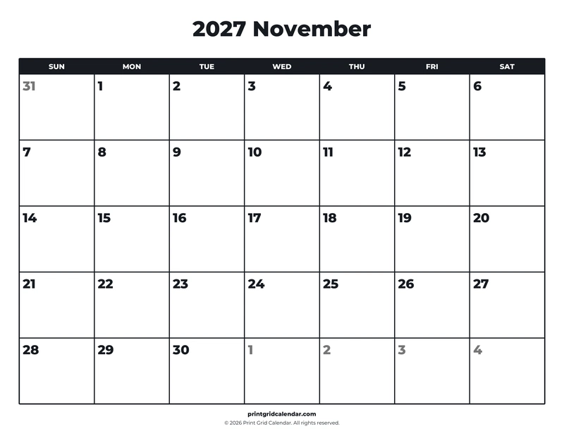 November 2027 Calendar — Bold essentials — US Letter · Landscape · Sunday start