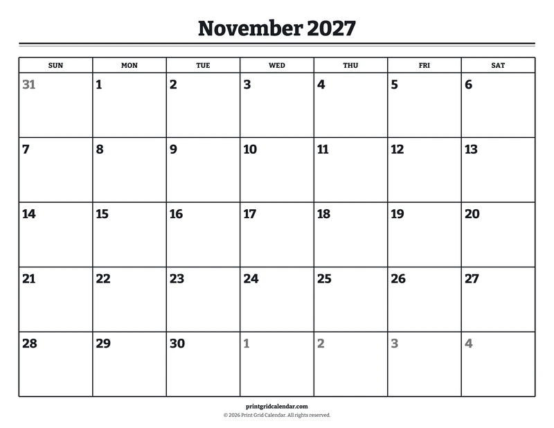 November 2027 Calendar — Bookish bold — US Letter · Landscape · Sunday start