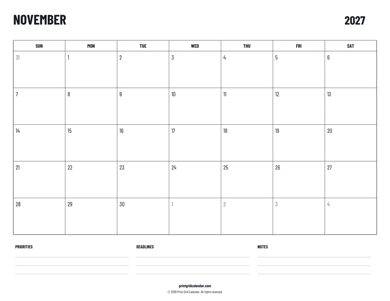 November 2027 Calendar — Plans below — US Letter · Landscape · Sunday start