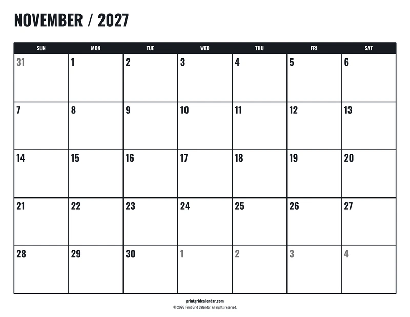 November 2027 Calendar — Tall workspace — US Letter · Landscape · Sunday start
