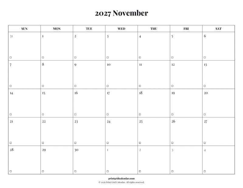 November 2027 Calendar — Editorial checklist — US Letter · Landscape · Sunday start