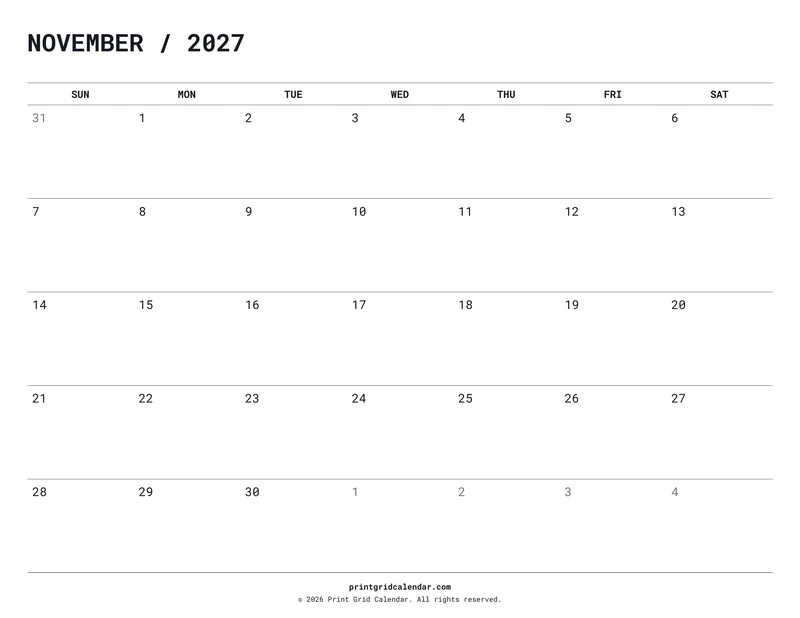 November 2027 Calendar — Quiet minimal — US Letter · Landscape · Sunday start