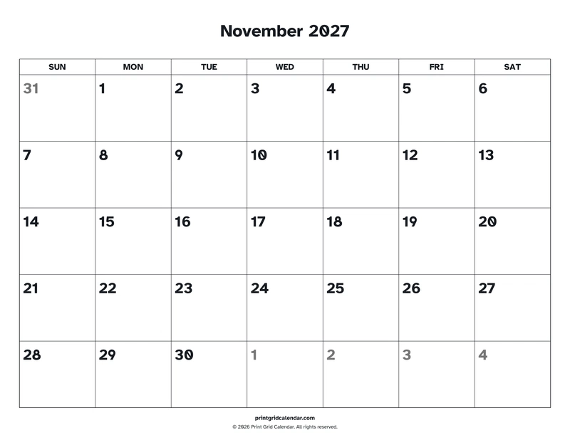 November 2027 Calendar — Easy read — US Letter · Landscape · Sunday start