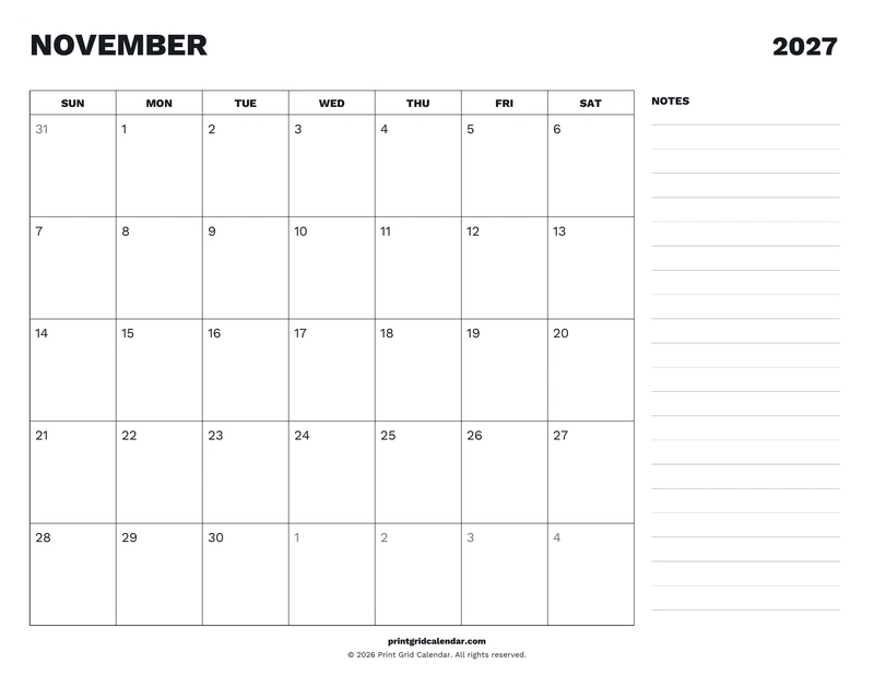 November 2027 Calendar — Desk notes — US Letter · Landscape · Sunday start