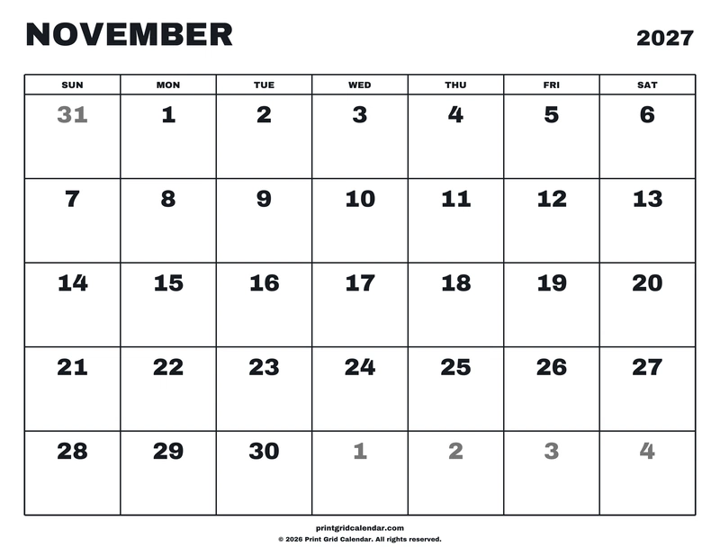 November 2027 Calendar — Big statement — US Letter · Landscape · Sunday start