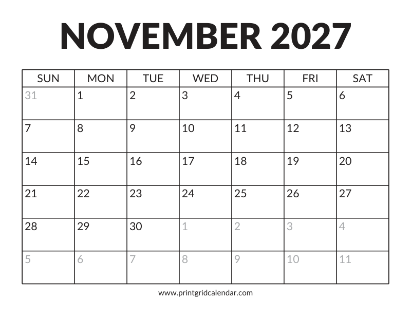 November 2027 Calendar — Bold Display — US Letter · Landscape · Sunday start