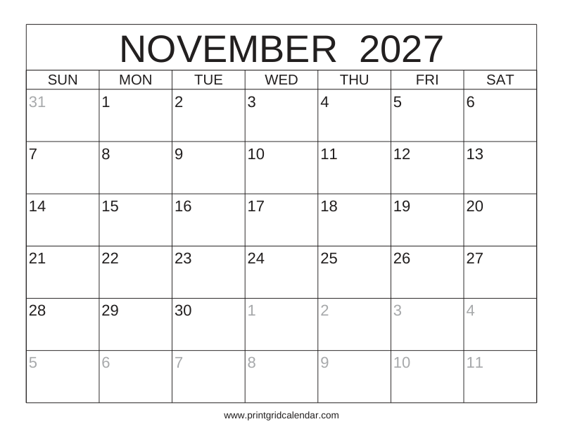 November 2027 Calendar — Classic Frame — US Letter · Landscape · Sunday start
