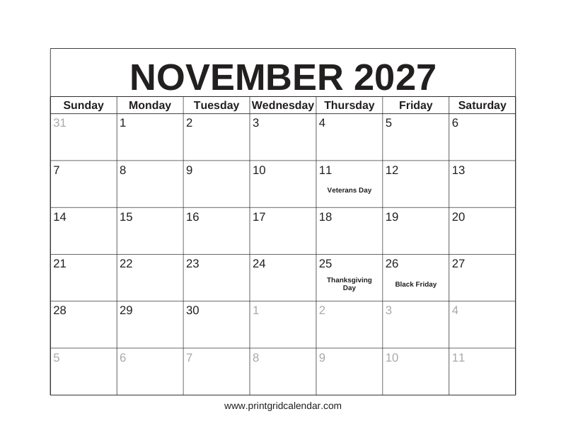 November 2027 Calendar — US Holidays & Observances — US Letter · Landscape · Sunday start