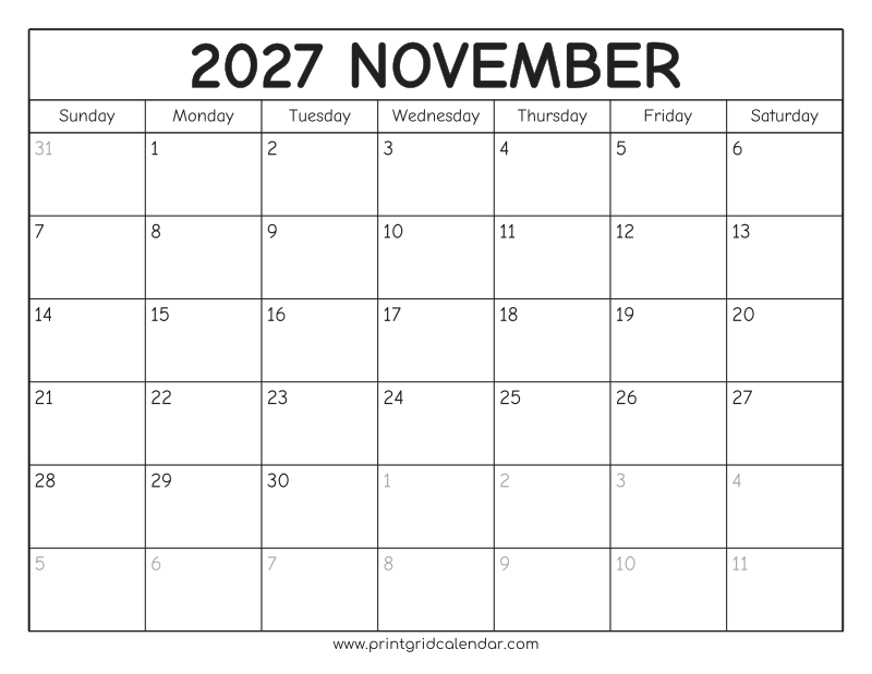 November 2027 Calendar — Rounded Outline — US Letter · Landscape · Sunday start