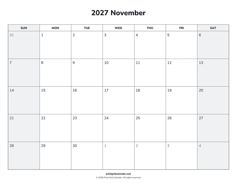 November 2027 Calendar — Weekend rhythm — US Letter · Landscape · Sunday start