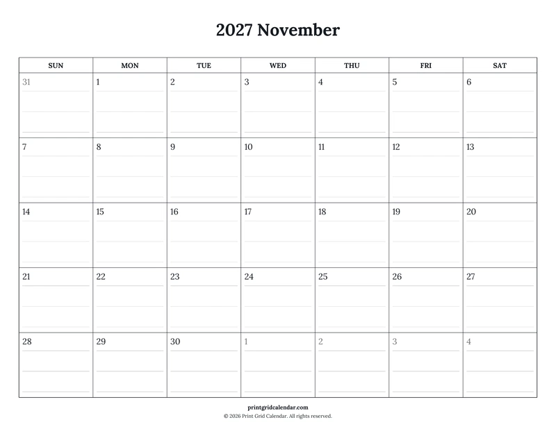 November 2027 Calendar — Ruled journal — US Letter · Landscape · Sunday start