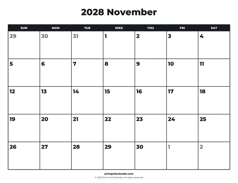 November 2028 Calendar — Bold essentials — US Letter · Landscape · Sunday start