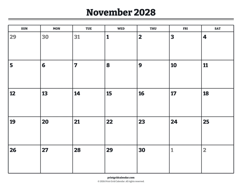 November 2028 Calendar — Bookish bold — US Letter · Landscape · Sunday start
