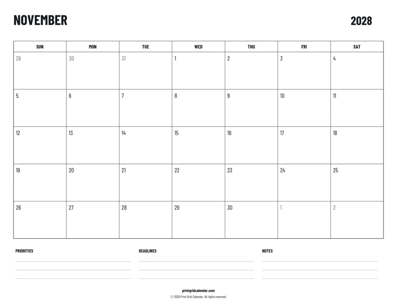 November 2028 Calendar — Plans below — US Letter · Landscape · Sunday start