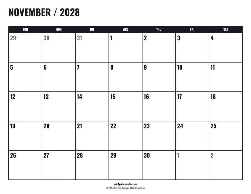 November 2028 Calendar — Tall workspace — US Letter · Landscape · Sunday start