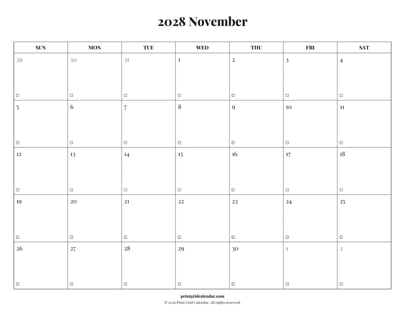 November 2028 Calendar — Editorial checklist — US Letter · Landscape · Sunday start