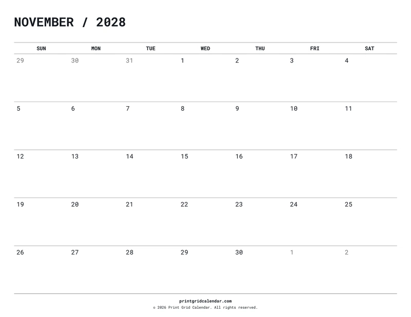 November 2028 Calendar — Quiet minimal — US Letter · Landscape · Sunday start