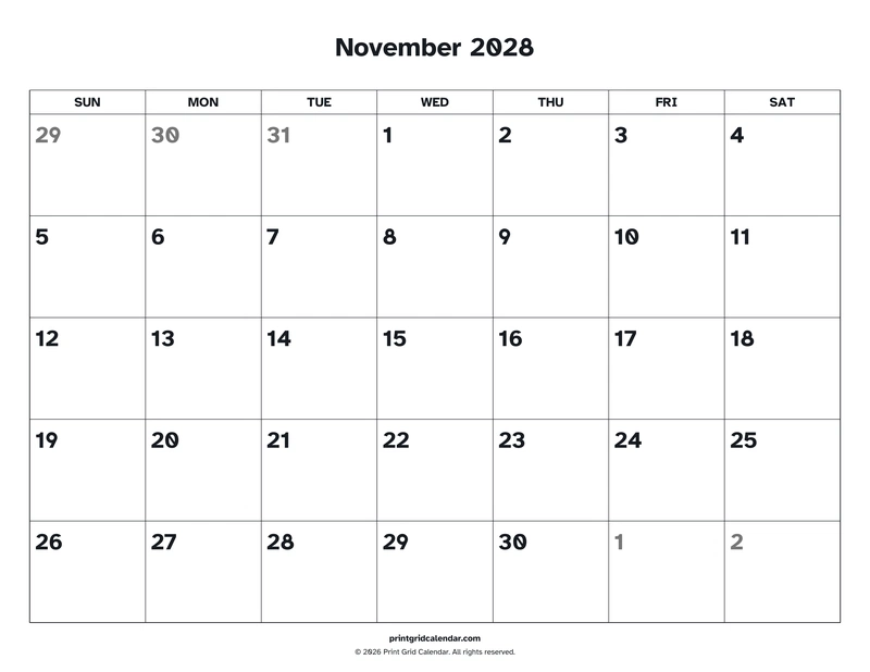 November 2028 Calendar — Easy read — US Letter · Landscape · Sunday start