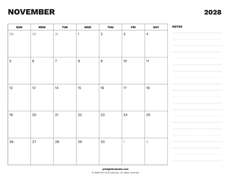 November 2028 Calendar — Desk notes — US Letter · Landscape · Sunday start