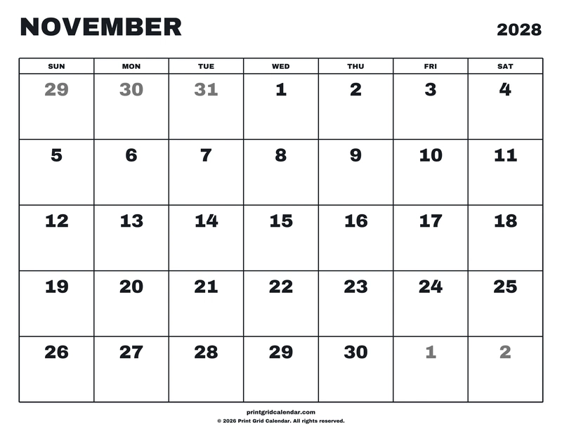 November 2028 Calendar — Big statement — US Letter · Landscape · Sunday start