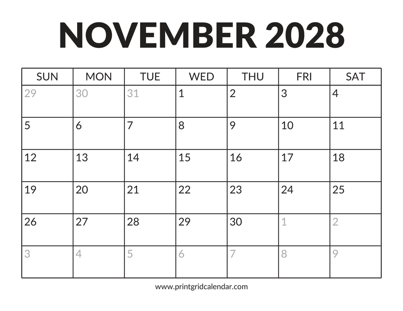 November 2028 Calendar — Bold Display — US Letter · Landscape · Sunday start