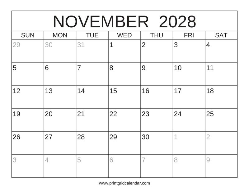 November 2028 Calendar — Classic Frame — US Letter · Landscape · Sunday start