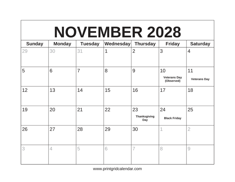 November 2028 Calendar — US Holidays & Observances — US Letter · Landscape · Sunday start