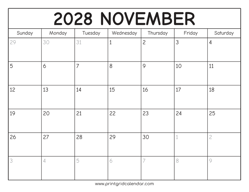 November 2028 Calendar — Rounded Outline — US Letter · Landscape · Sunday start