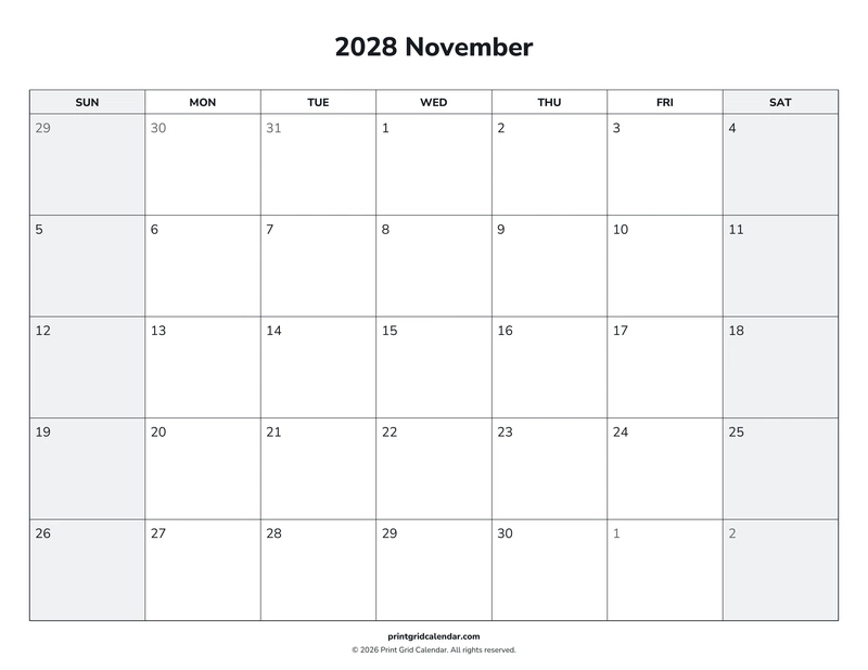 November 2028 Calendar — Weekend rhythm — US Letter · Landscape · Sunday start