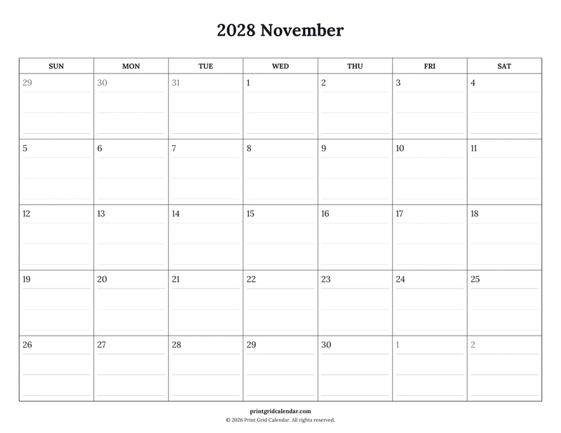 November 2028 Calendar — Ruled journal — US Letter · Landscape · Sunday start