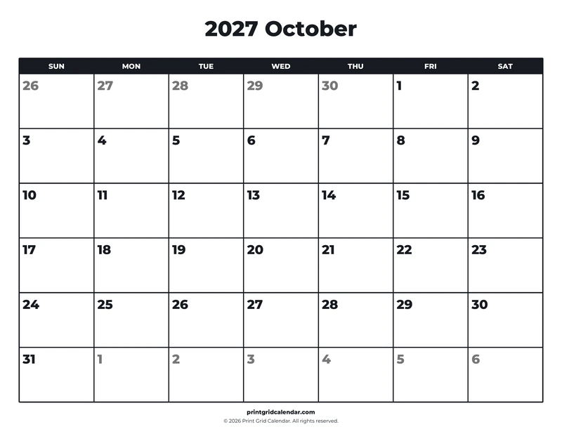 October 2027 Calendar — Bold essentials — US Letter · Landscape · Sunday start