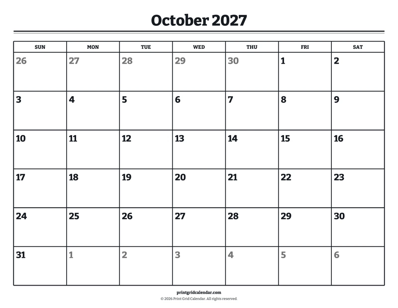 October 2027 Calendar — Bookish bold — US Letter · Landscape · Sunday start