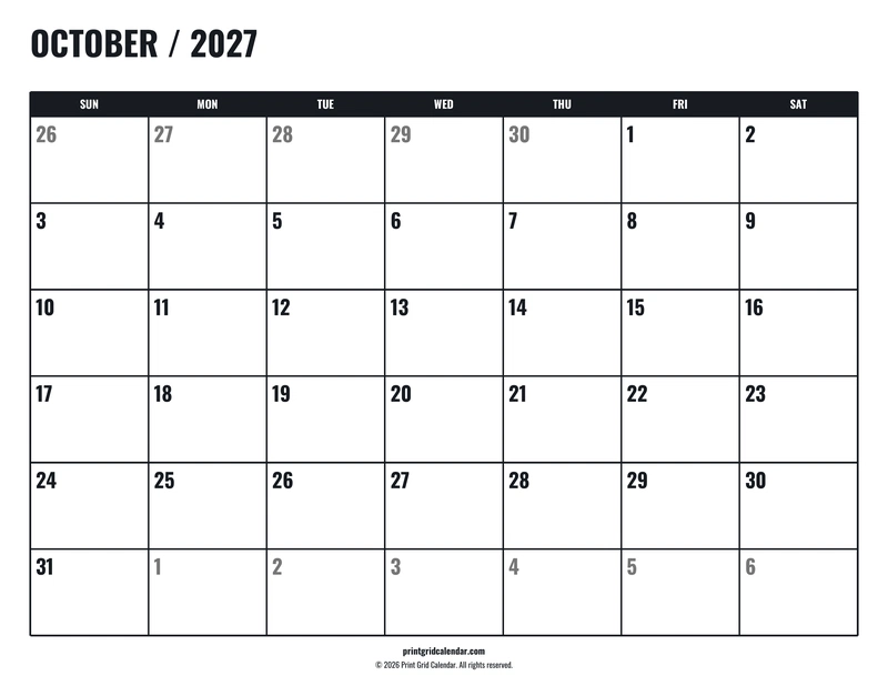 October 2027 Calendar — Tall workspace — US Letter · Landscape · Sunday start