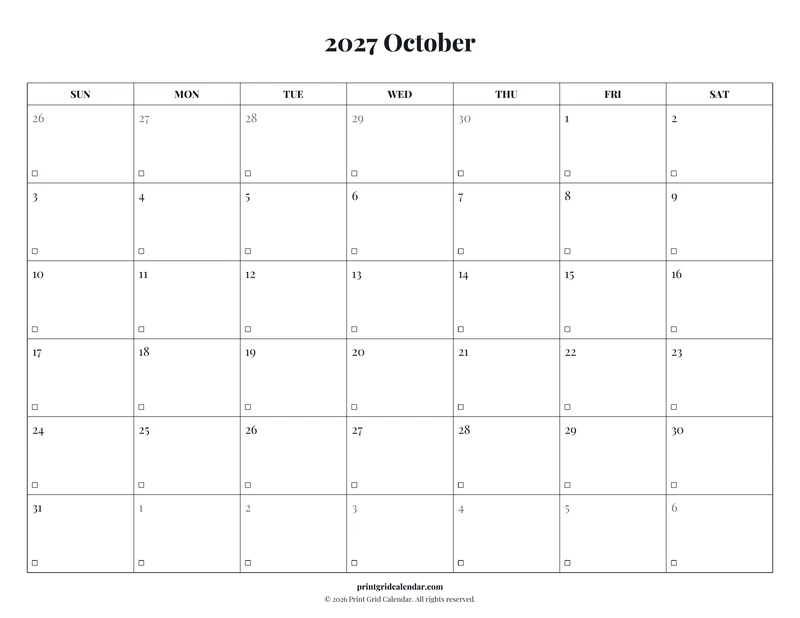 October 2027 Calendar — Editorial checklist — US Letter · Landscape · Sunday start