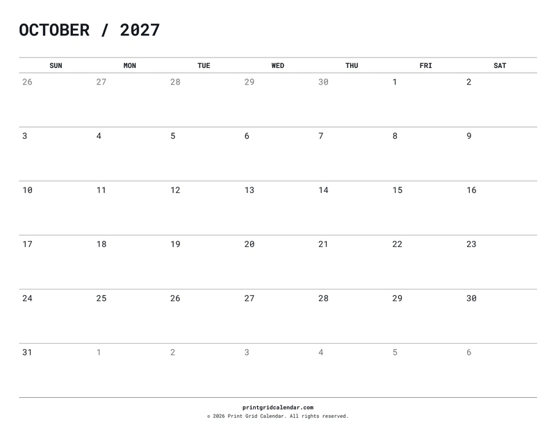 October 2027 Calendar — Quiet minimal — US Letter · Landscape · Sunday start