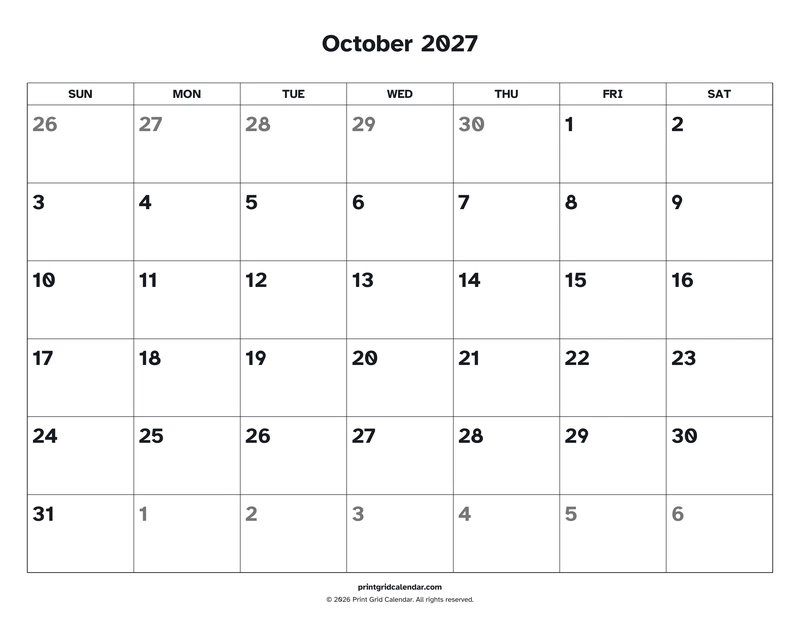October 2027 Calendar — Easy read — US Letter · Landscape · Sunday start