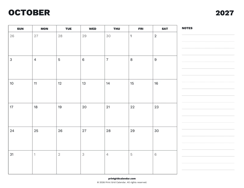 October 2027 Calendar — Desk notes — US Letter · Landscape · Sunday start